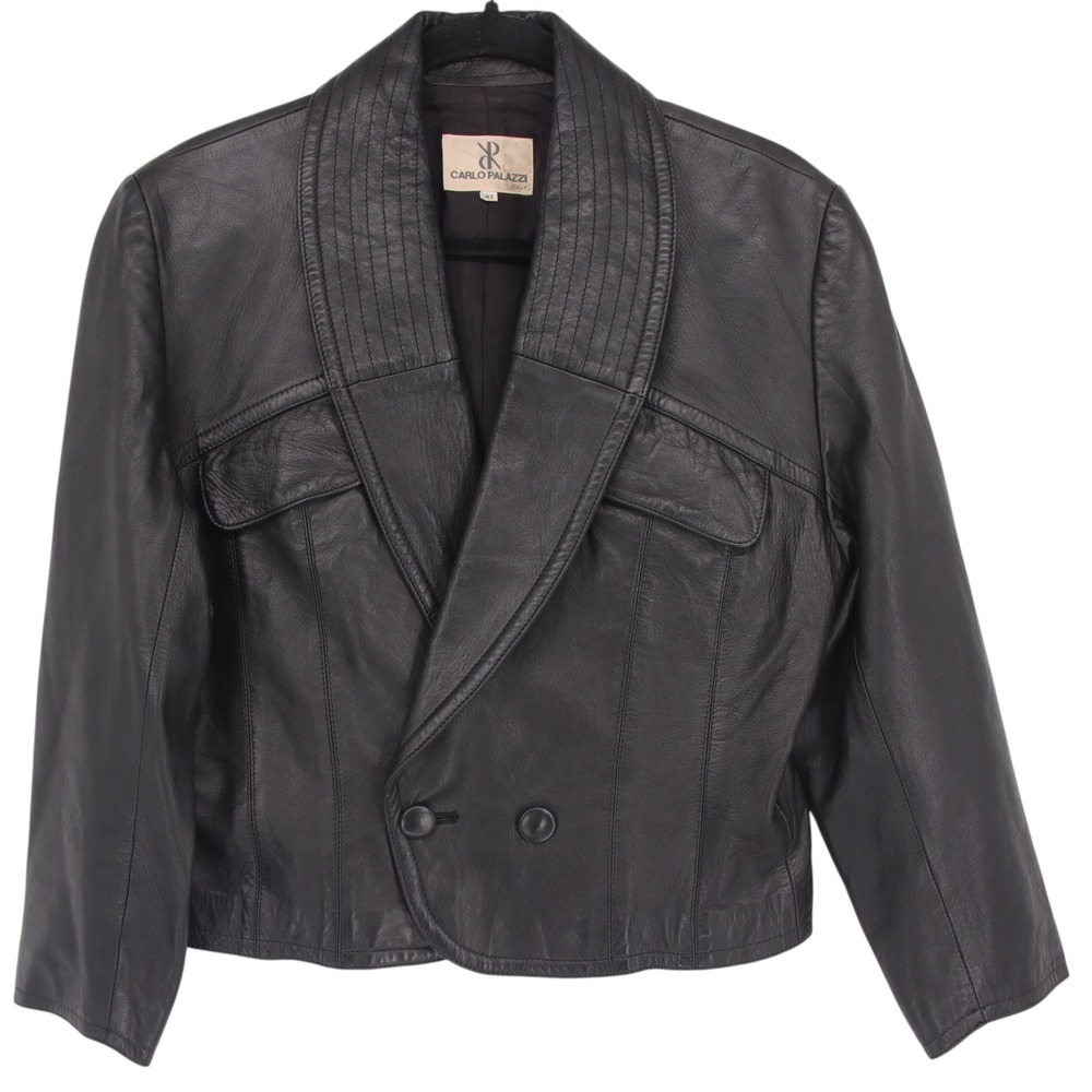 Vintage Carlo Palazzi Italy Womens Black Leather Cropped Moto Jacket Size 42
